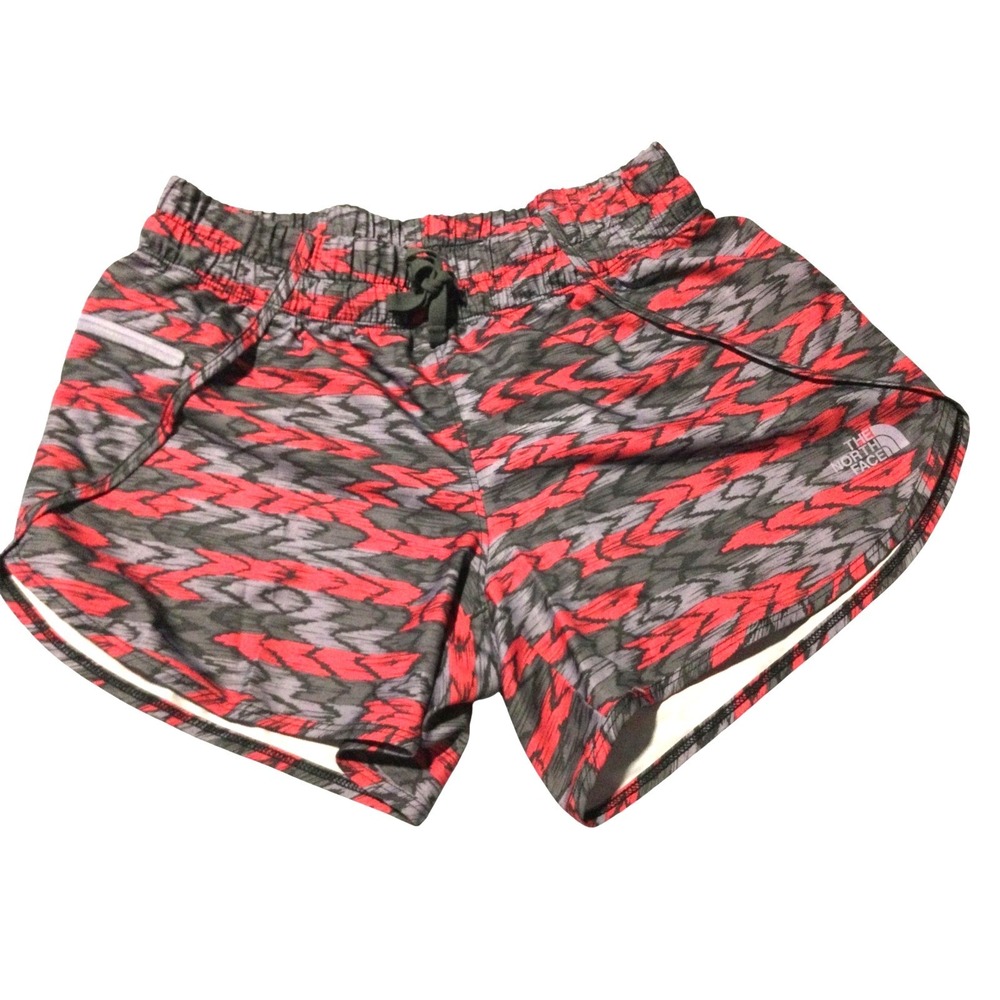 The North Face Womens RedGrey Zigzag RunningShorts Small Drawstring Zip Pocket S